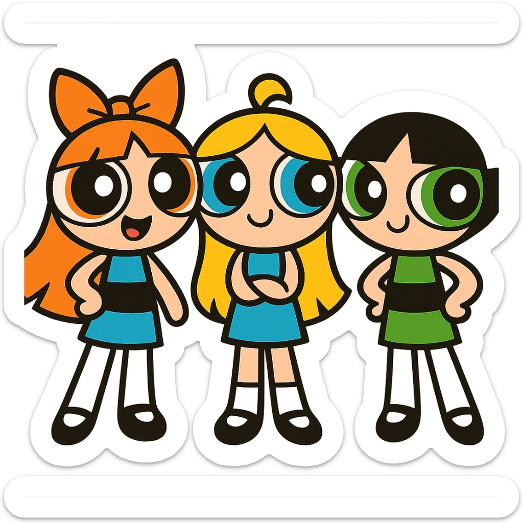 three cartoon girls with big eyes, inspired by the Powerpuff Girls, cute and colorful style sticker