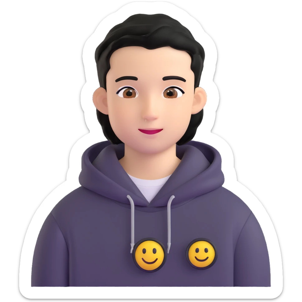 boy with military cut black hair, brown eyes, wearing 2 circle earrings and a black hoodie with a smiley face sticker