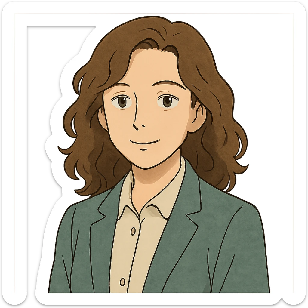 portrait of a calm, confident woman with natural wavy hair, soft but energized expression, approachable professional style, gentle and wise presence sticker
