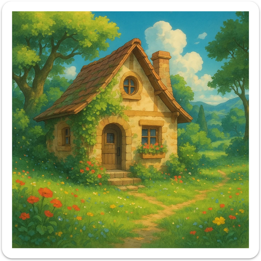 a cozy cottage in a magical landscape, ghibli style, detailed, enchanting, lush environment sticker