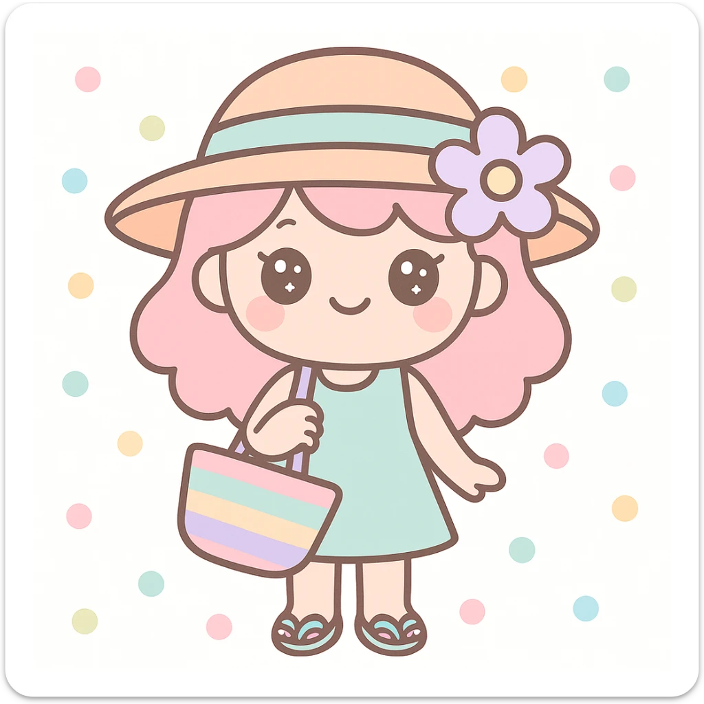 summer girl, kawaii style, cute, pastel colors, big eyes sticker