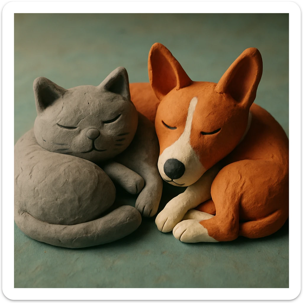A gray British Shorthair cat curled up and sleeping next to a red Basenji dog sticker