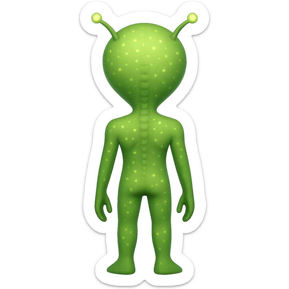 Add more details to this rear view alien in emoji style: visible antennae, subtle back ridges, small glowing spots, and a hint of feet, no background. sticker