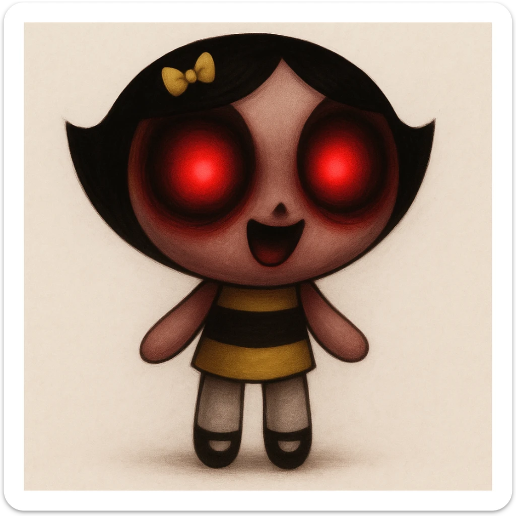 Make this character scary with red glowing eyes, keep the original cartoon style and quality. sticker