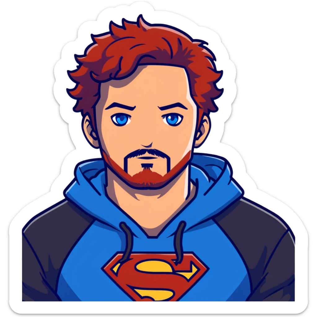 Full body Adult male with blue eyes and redish messy hair and trimmed facial hair wearing a blue superman hoodie  sticker