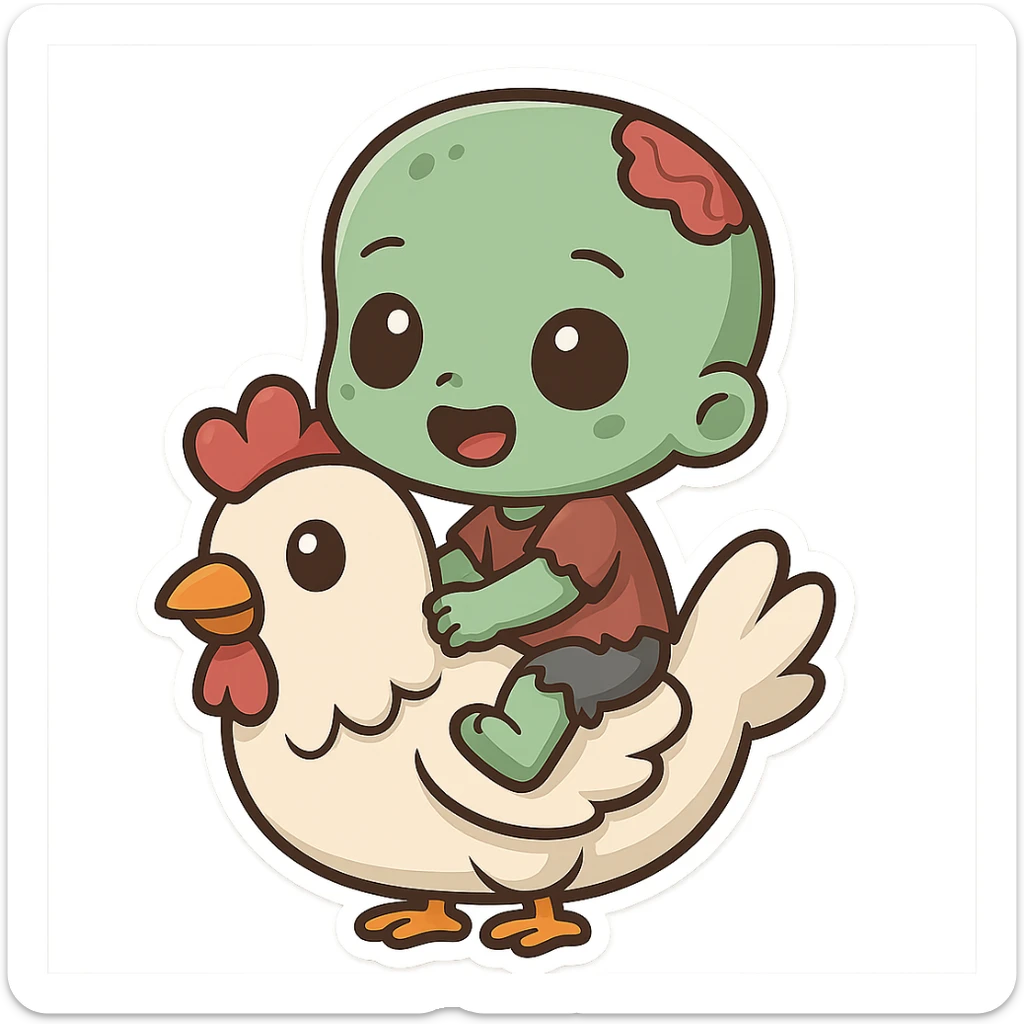 a green baby zombie riding a chicken, chibi stickers cartoon style, adorable, big eyes sticker