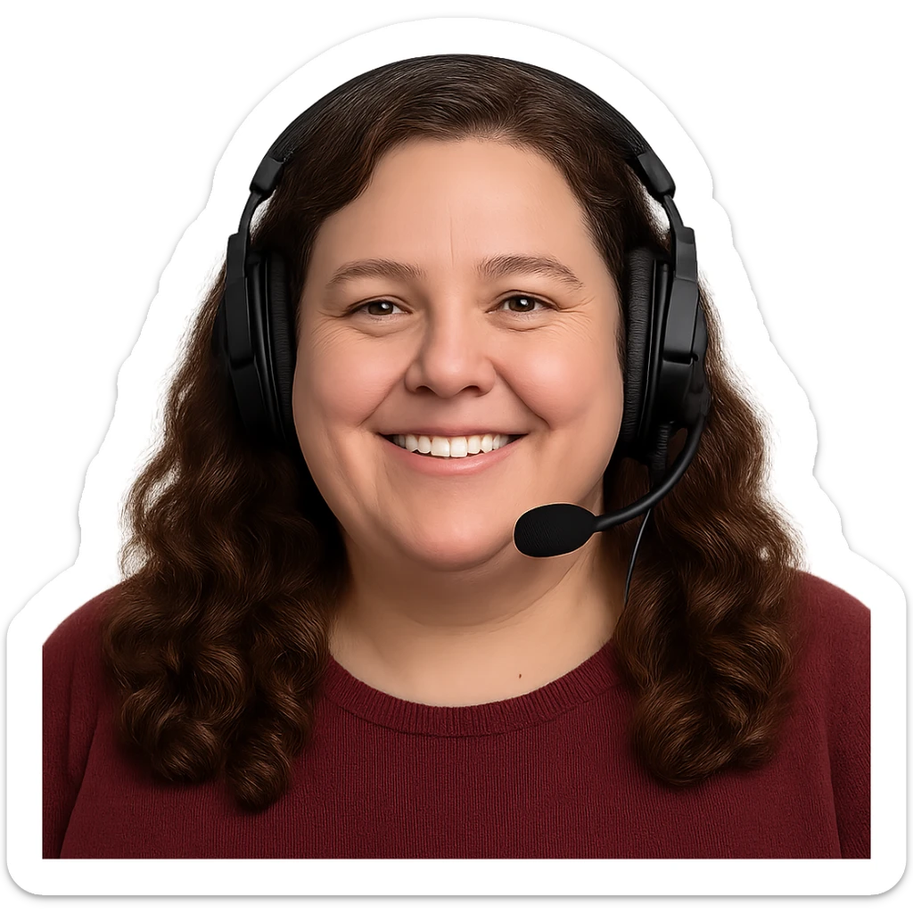 chubby English teacher with wavy long brown hair, smiling, wearing gaming headset, for online classes, only face sticker