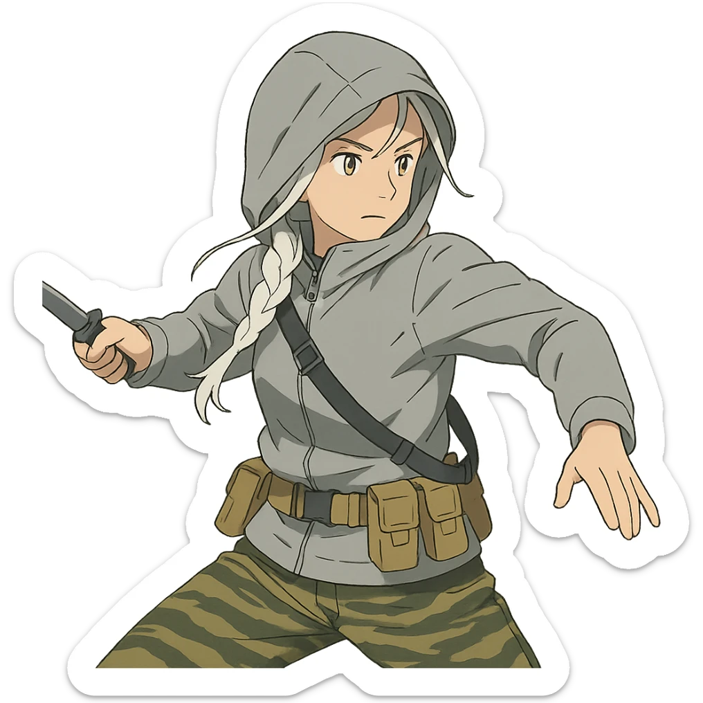 1 female, mid-20's  white hair long braid, gold yellow eyes, light gray rainproof waterproof tactical jacket, hood up, tight-fitting single point sling, tan mag pouches on belt rig, tiger stripe camo pants, holding a combat blade, striking, swinging sticker