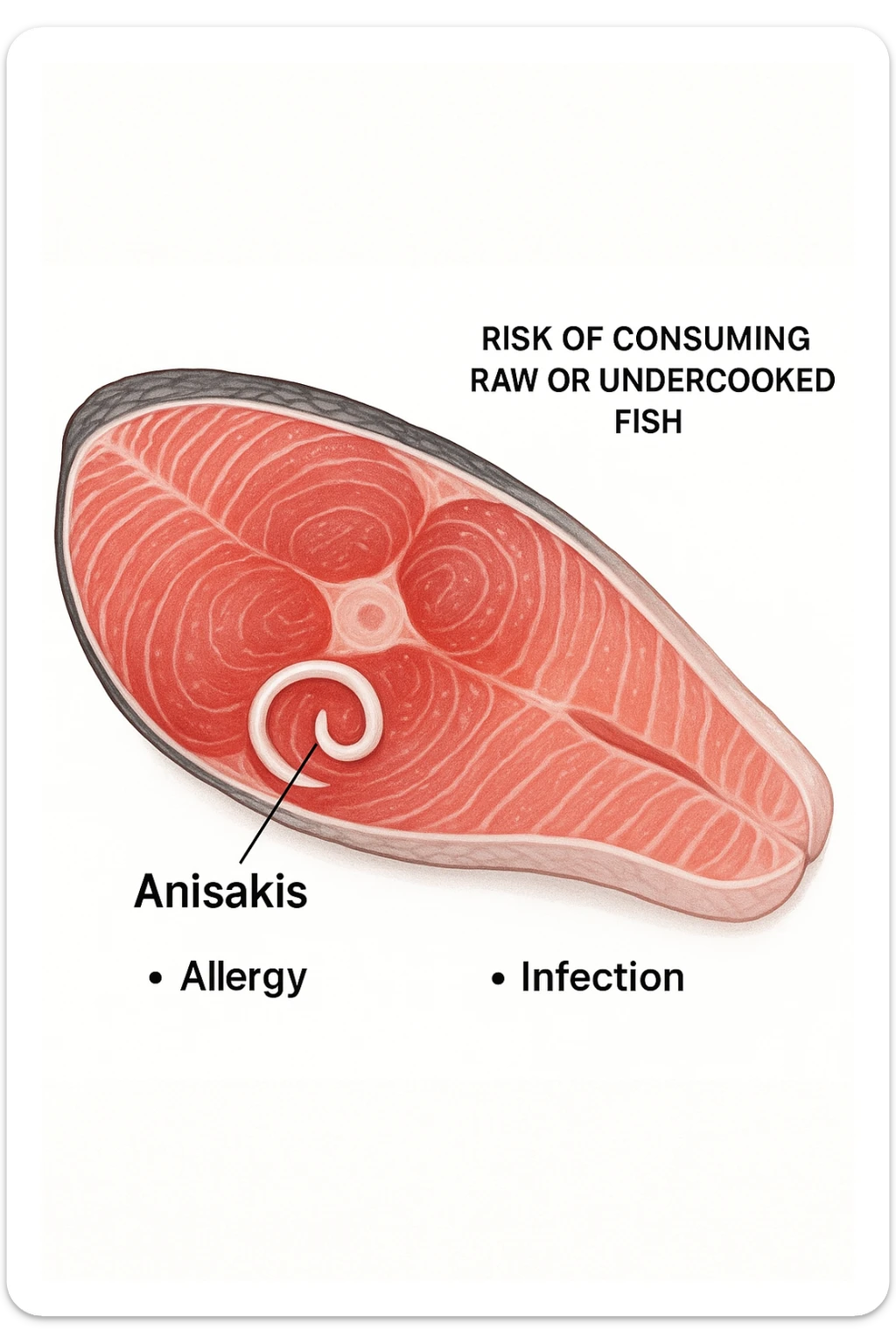 a close-up cross-section of a raw fish fillet, showing a white, coiled Anisakis parasite embedded in the muscle tissue. The parasite is clearly labeled, and the surrounding fish tissue is rendered in detail. The background is clean and white, with educational callouts explaining the risk of consuming raw or undercooked fish. sticker