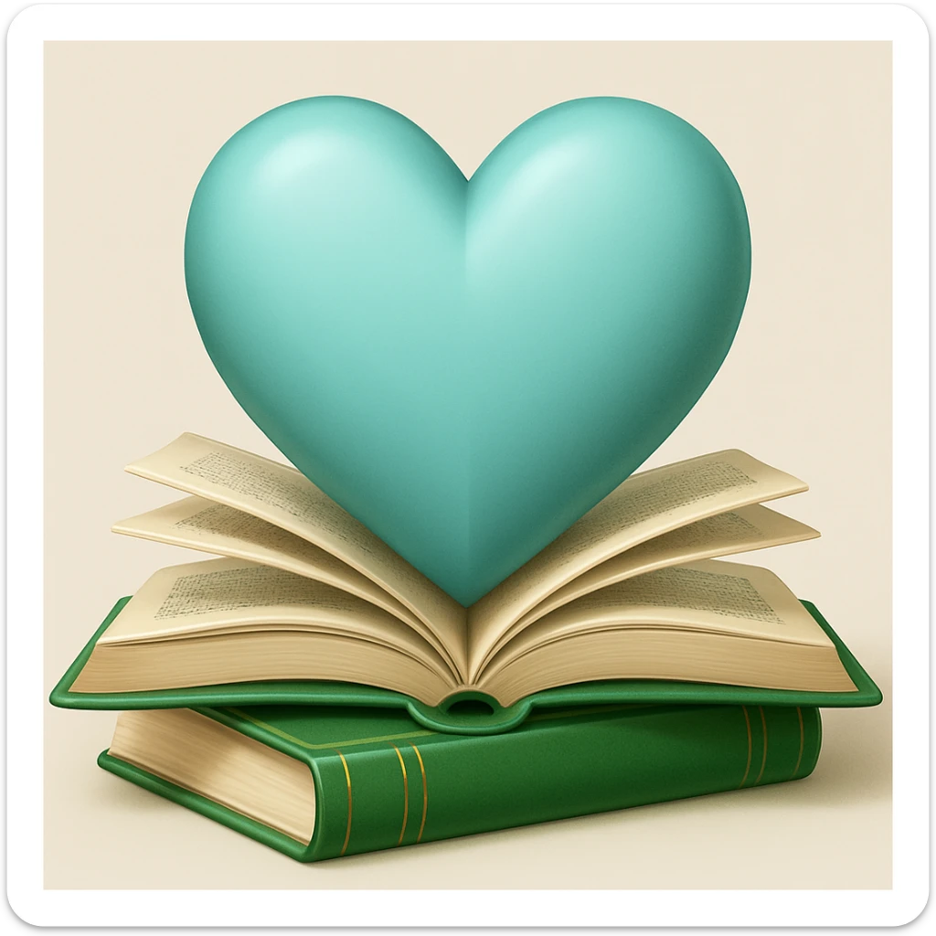 apple style emoji of a light blue heart with books, green colorway sticker