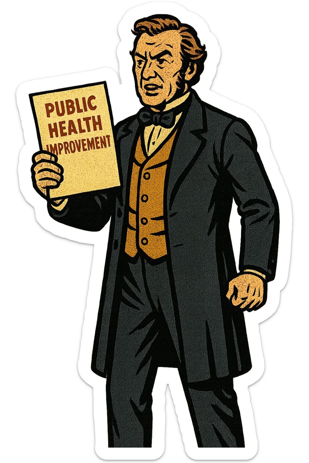 the full image of a middle aged victorian politician holding a document in his right hand which reads 'Public Health Improvement'. sticker