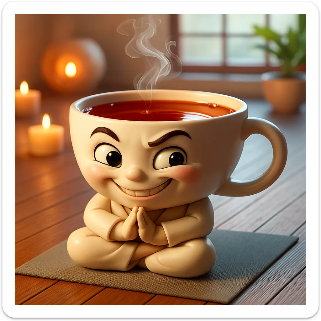 Focus on the face of the teacup character and give it a playful, mischievous grin with one eyebrow raised and eyes open wide, keeping the same style and quality as the reference image. sticker