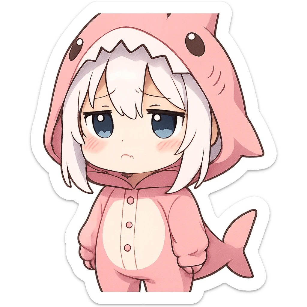 chibi style anime girl with white hair in a pink shark onesie, pouting with a sad expression sticker
