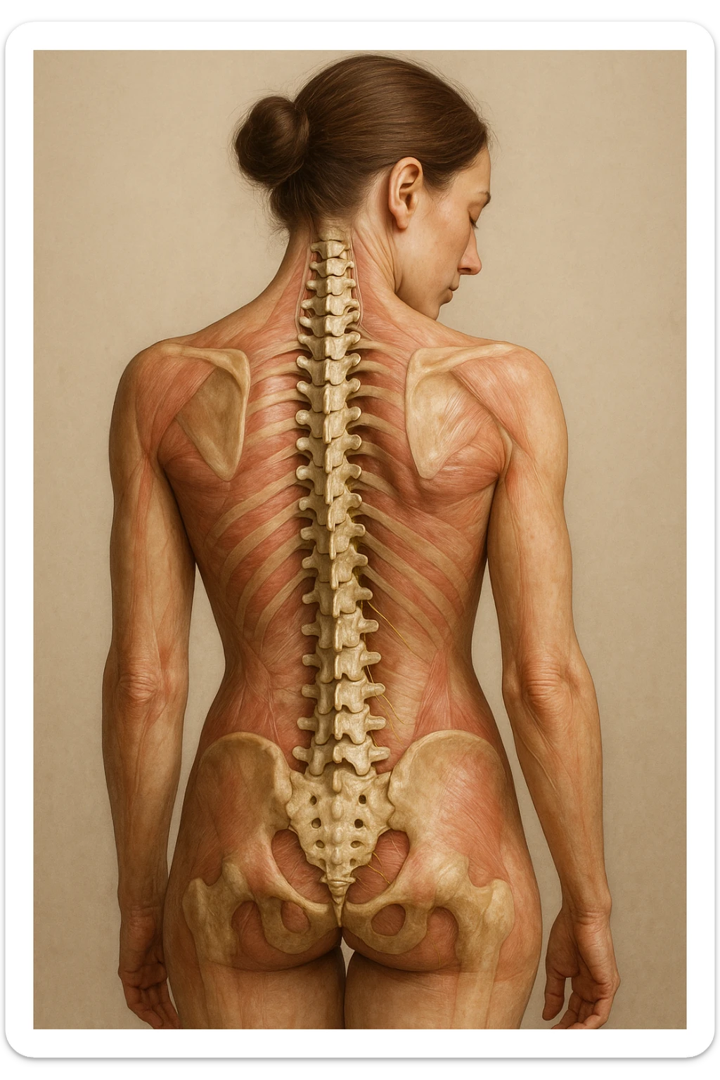CORPO UMANO ANATOMICO di una donna con spalle chiuse e postura incurvata, spina dorsale in evidenza, IPERREALISTICO 4K sticker