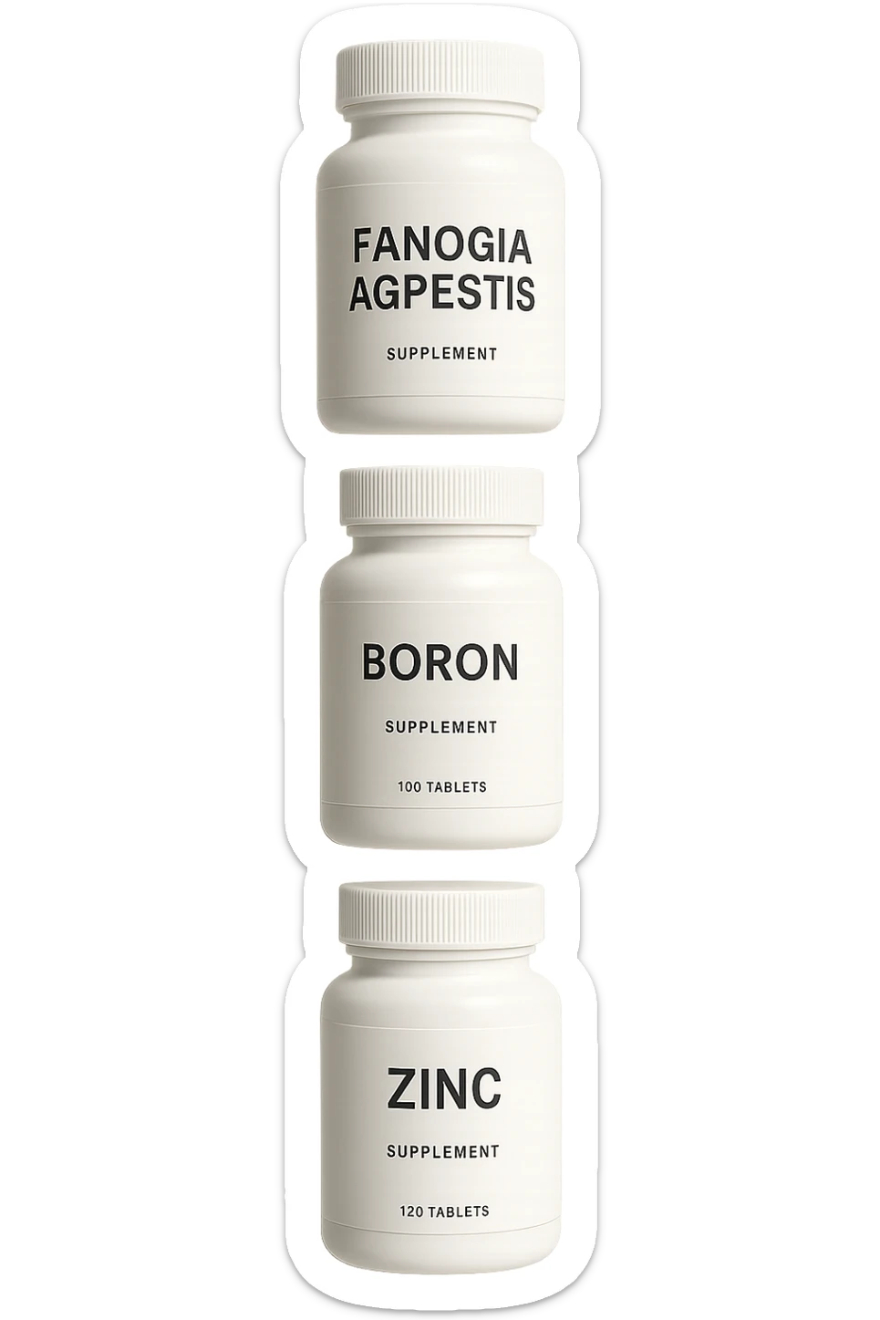 4 boccette di integratore: Tongkat Ali, Fadogia Agrestis, Boron e Zinco fluttuano in aria verticalmente sticker