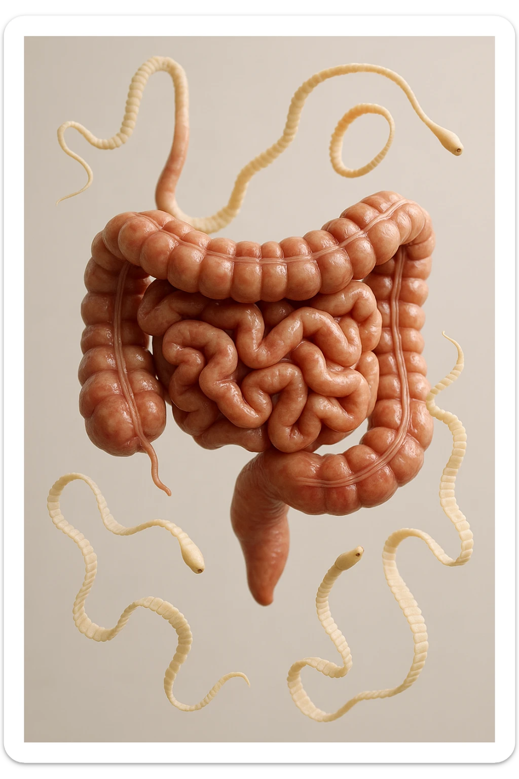 INTESTINO UMANO ANATOMICO REALISTICO FLUTTUA IN ARIA INSIEME A PARASSITI COME LA TENIA, SFONDO CHIARO, iperrealistico 4k sticker