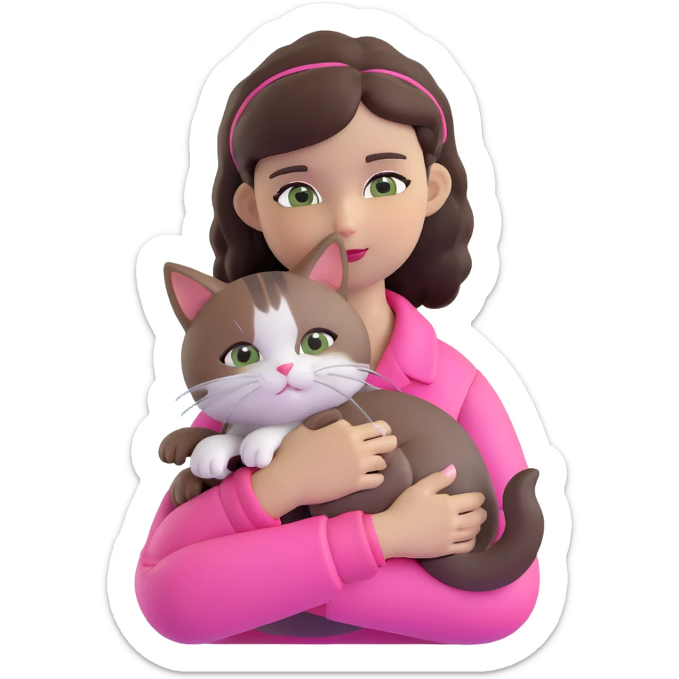 character with dark brown hair clipped back with a hairpin, sweet eyes, pink outfit, cuddling a cat sticker