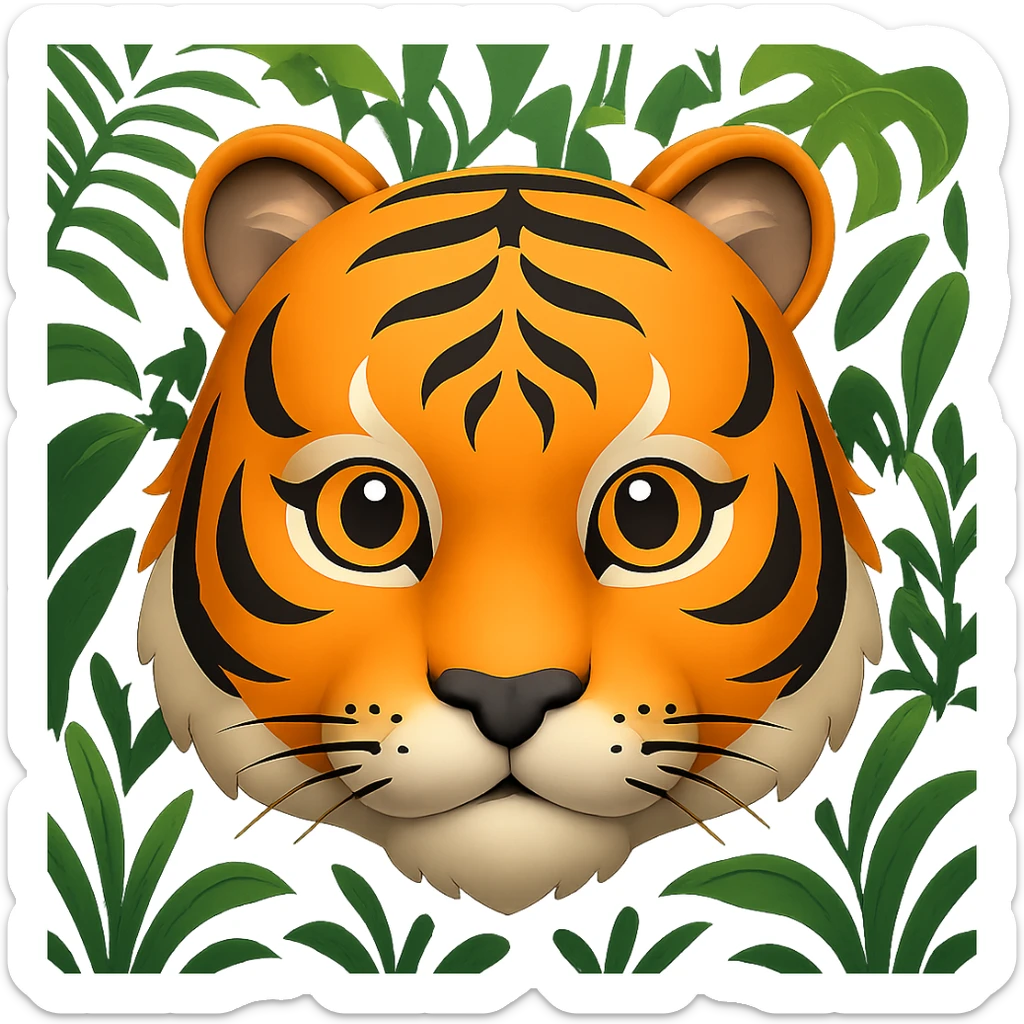 Add a lush green jungle background behind the tiger face in the style of apple emojis, preserving the apple emoji style and look. sticker