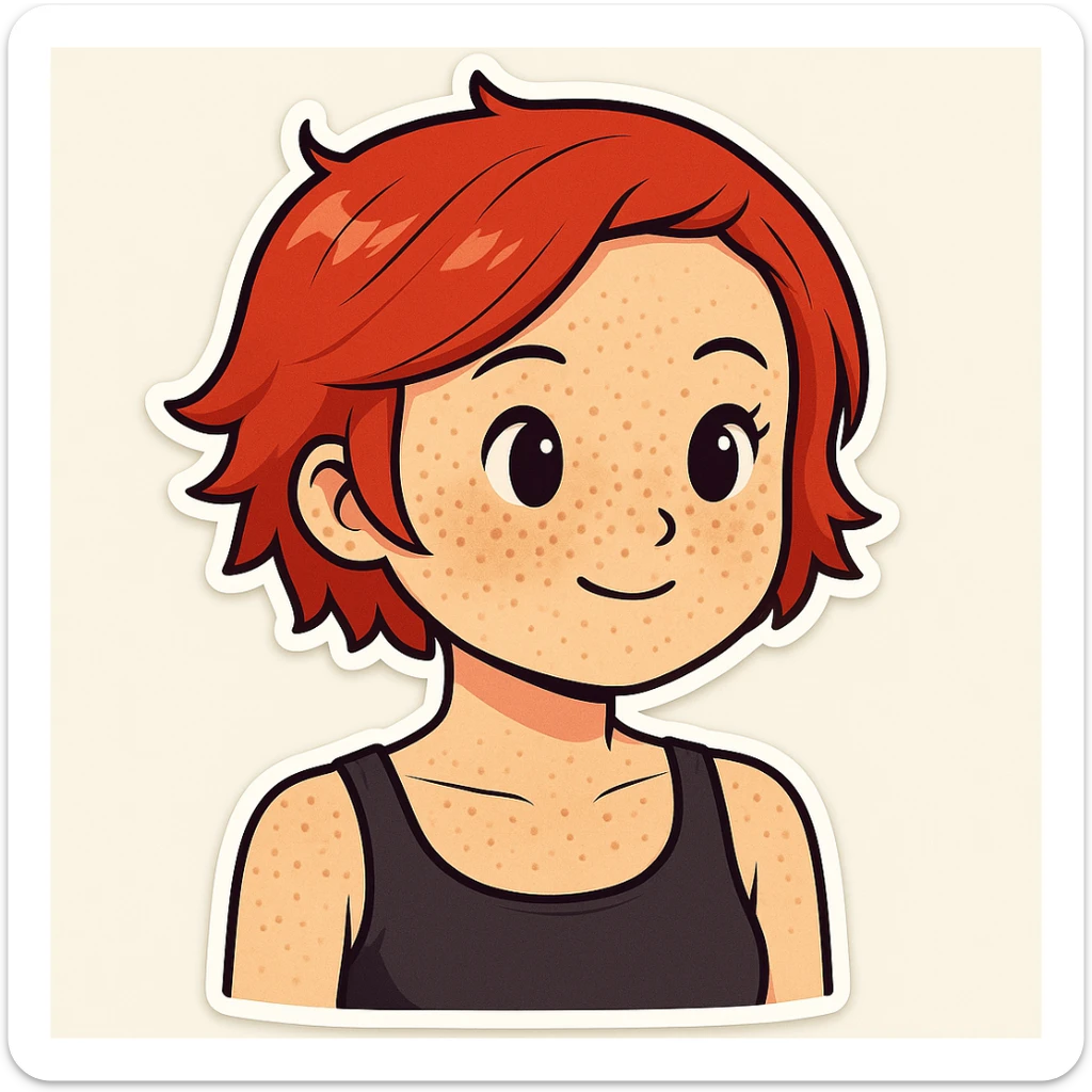 Add freckles to the girl's face, keep short red hair and flat chest, in a sticker style illustration. Use a general style editor as sticker style does not support editing. sticker