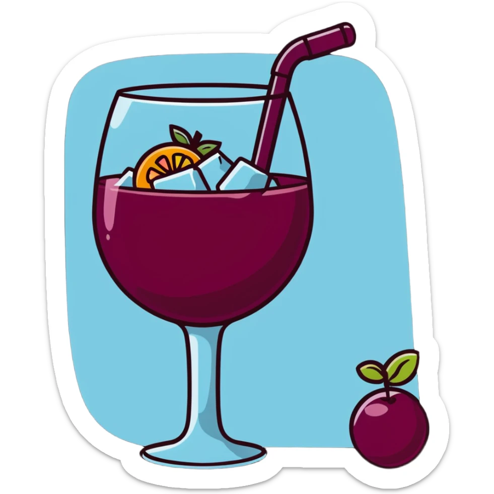 frozen sangria with lots of ice cubes, very cold, icy, with fruit pieces and wine sticker