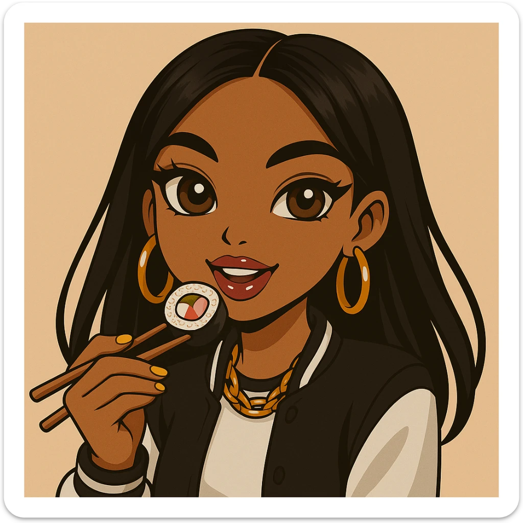 Change the pose to a 20-year-old anime Bratz style woman with dark skin, straight hair, trendy outfit, big expressive eyes, glossy lips, no hat, no tears, happy expression, both eyes open, looking straight ahead, eating a California roll with chopsticks, headshot only. sticker
