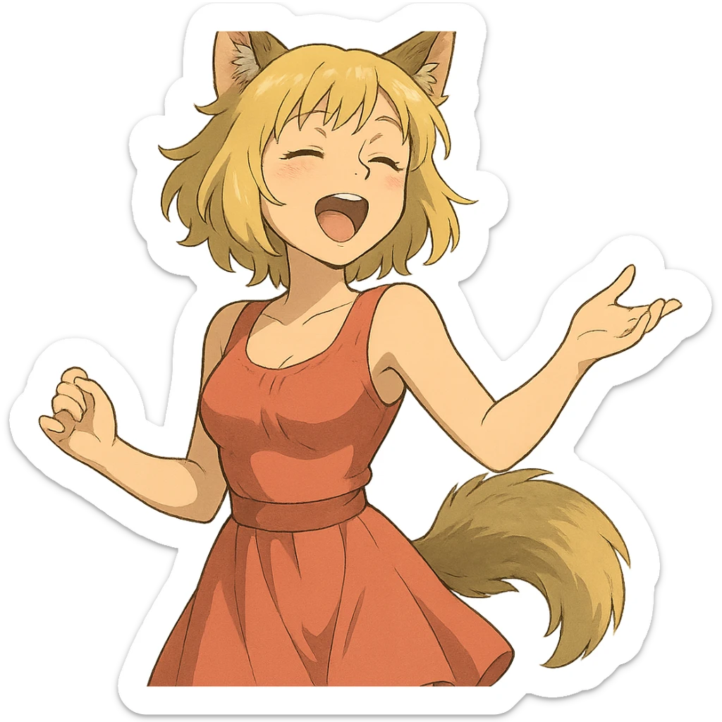 anime style furry girl with wolf ears and tail, short blonde hair, green eyes, hourglass figure, singing with joy, soft lighting, ghibli style sticker