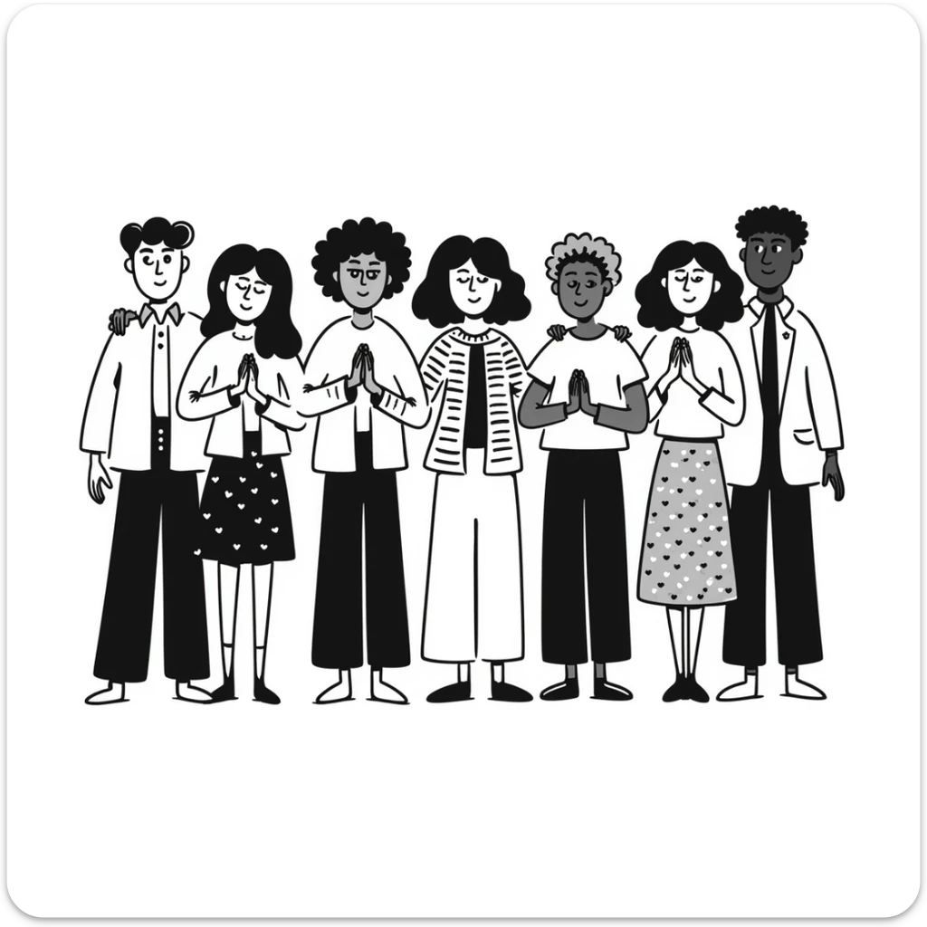 Hand-drawn illustration of people of different skin colors and ethnicities holding hands in a line, symbolizing integration and unity sticker