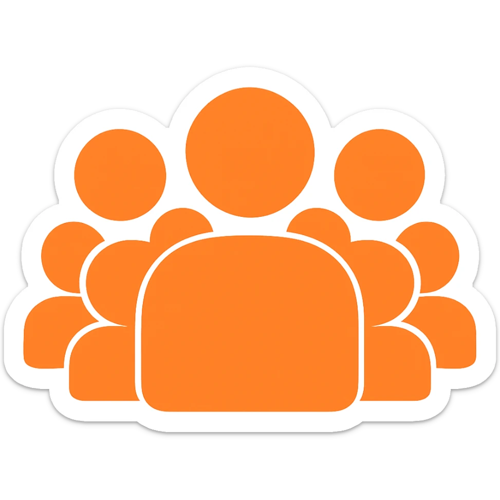 Increase the number of people inside the silhouette, ensure the shape is fully filled with no borders, and the color is exactly orange #fe6601, with a transparent background. sticker