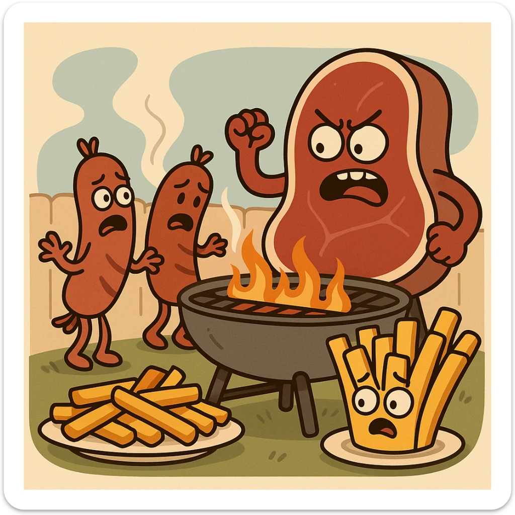 beef sirloin steak sausages on a bbq french fries potato plates   sticker