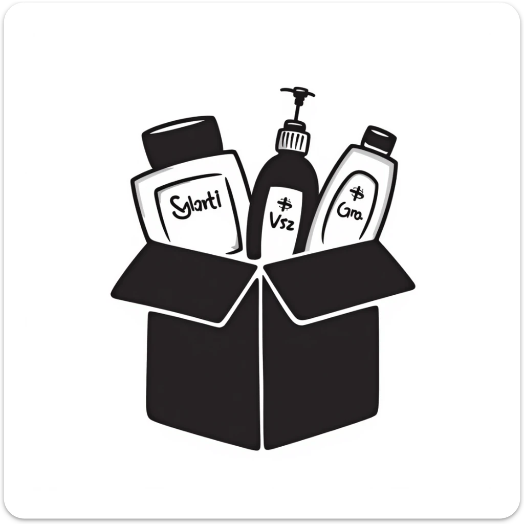 Gift bag with beauty products (shampoo, creams, styling products), a gift bag is beautyful open box full of luxury brand-labeled beauty products sticker
