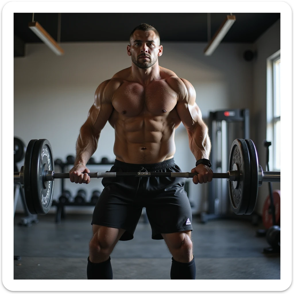 Uomo che si allena in palestra, esegue squat con bilanciere, abbigliamento sportivo, fisico atletico, atmosfera motivazionale, dettagli iperrealistici 4K, ambiente moderno da palestra. sticker