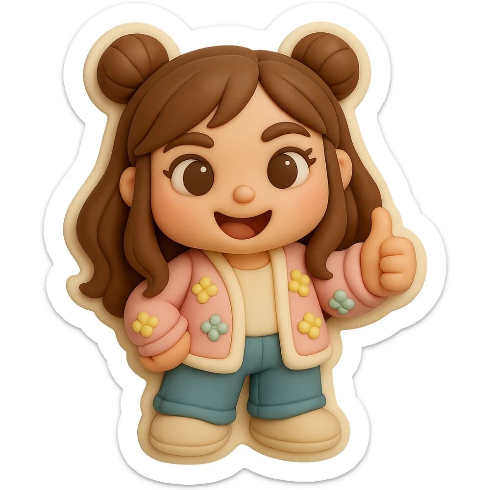 3D chibi fondant cake art style, high-quality rendering with smooth shadows and soft gradients. Girl based on reference image with preserved facial features and eye shape, long brown hair in two space buns, brown eyes, jeans, pastel floral cardigan, shoes, thick white outline like a sticker, transparent background. Thumbs up, happy expression. Ensure the face, hairstyle, eye shape, and shoes match the reference exactly. sticker
