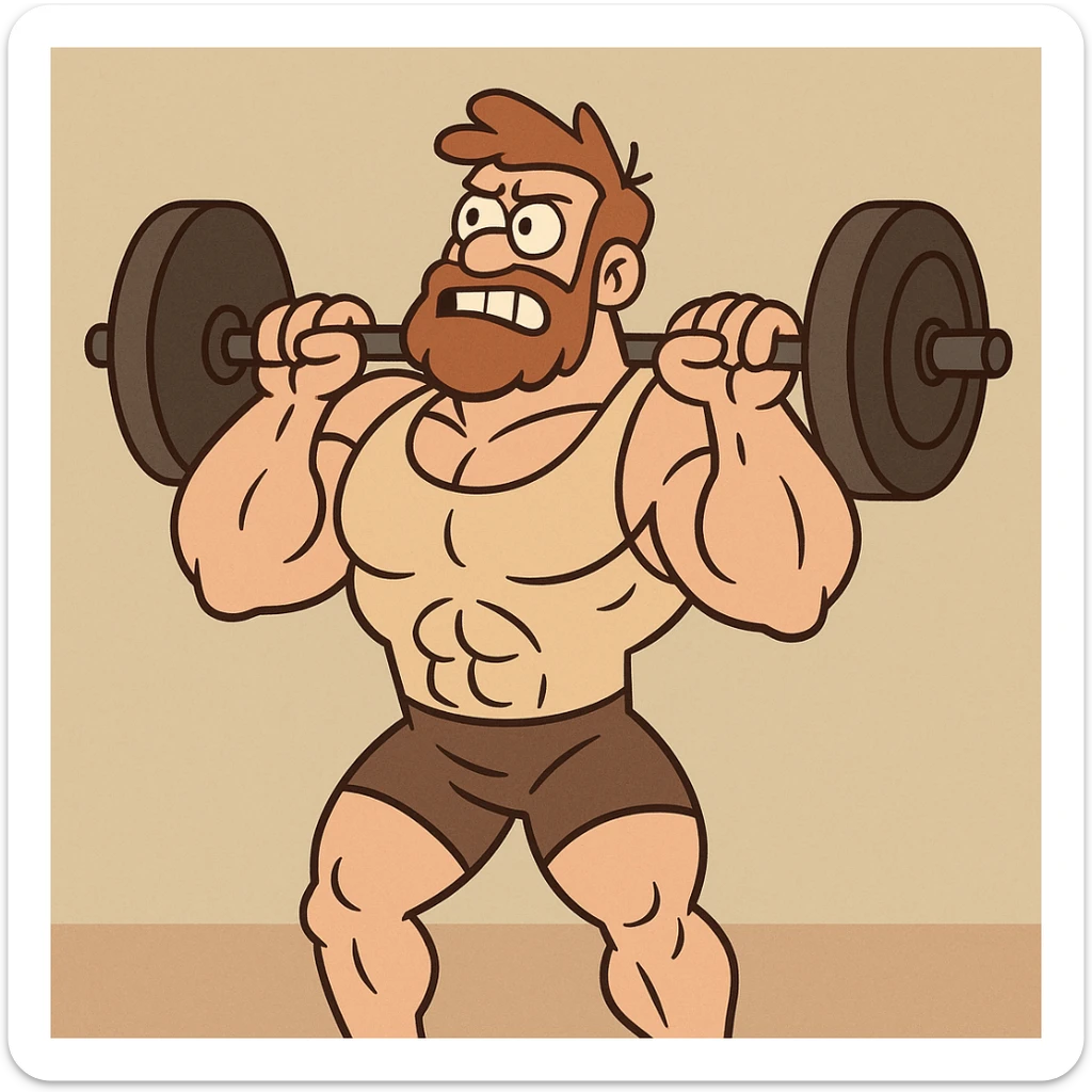 A muscular cartoon character lifting weights, western adult animation sticker