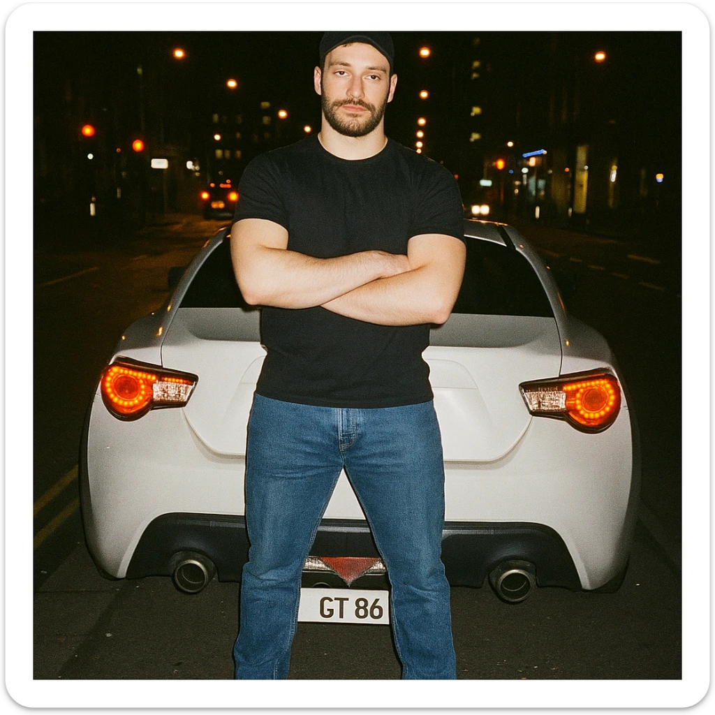 Grunge-style analog photo, London 2025, person inspired by the new reference image standing in front of a Nissan GT 86, model pose, black t-shirt, jeans, Nike Air Jordan low, using flash, city lights, analog grain, 8/8. sticker