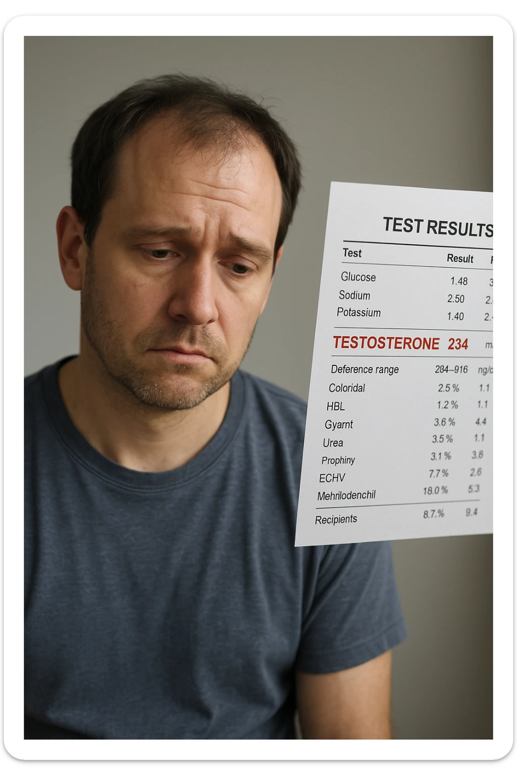 Un uomo caucasico di 35-45 anni, in CGI fotorealistico, che mostra i segni fisici ed emotivi di un basso livello di testosterone. aggiungere un referto medico semi-trasparente fluttuante accanto a lui, con valori di testosterone evidenziati in rosso. sticker