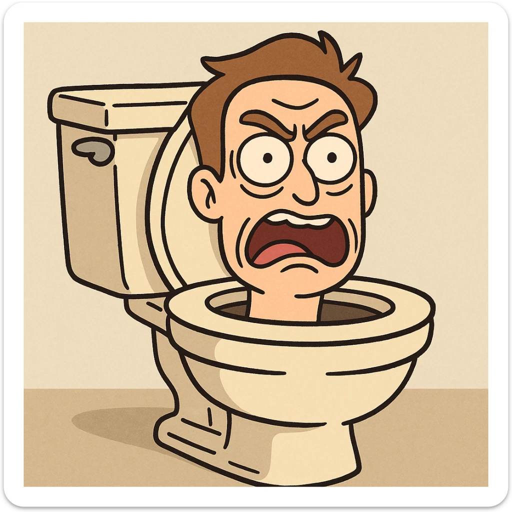 a man's head peeking out of a toilet bowl, exaggerated expression, cartoon style sticker