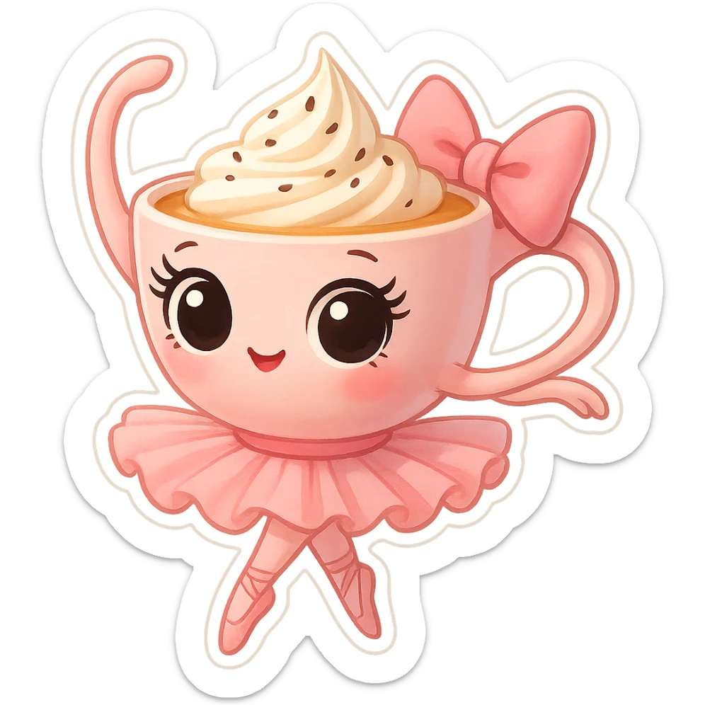 A pink teacup is dancing ballet. It has strange big eyes on it and a big pink bow on the handle. sticker