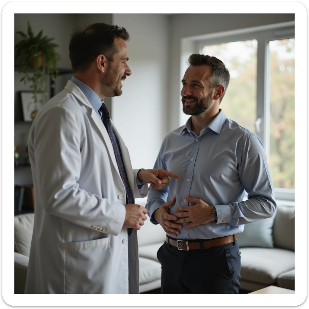 realistic 4K man consulting a nutritionist, pointing at his belly with a hopeful expression, professional environment sticker