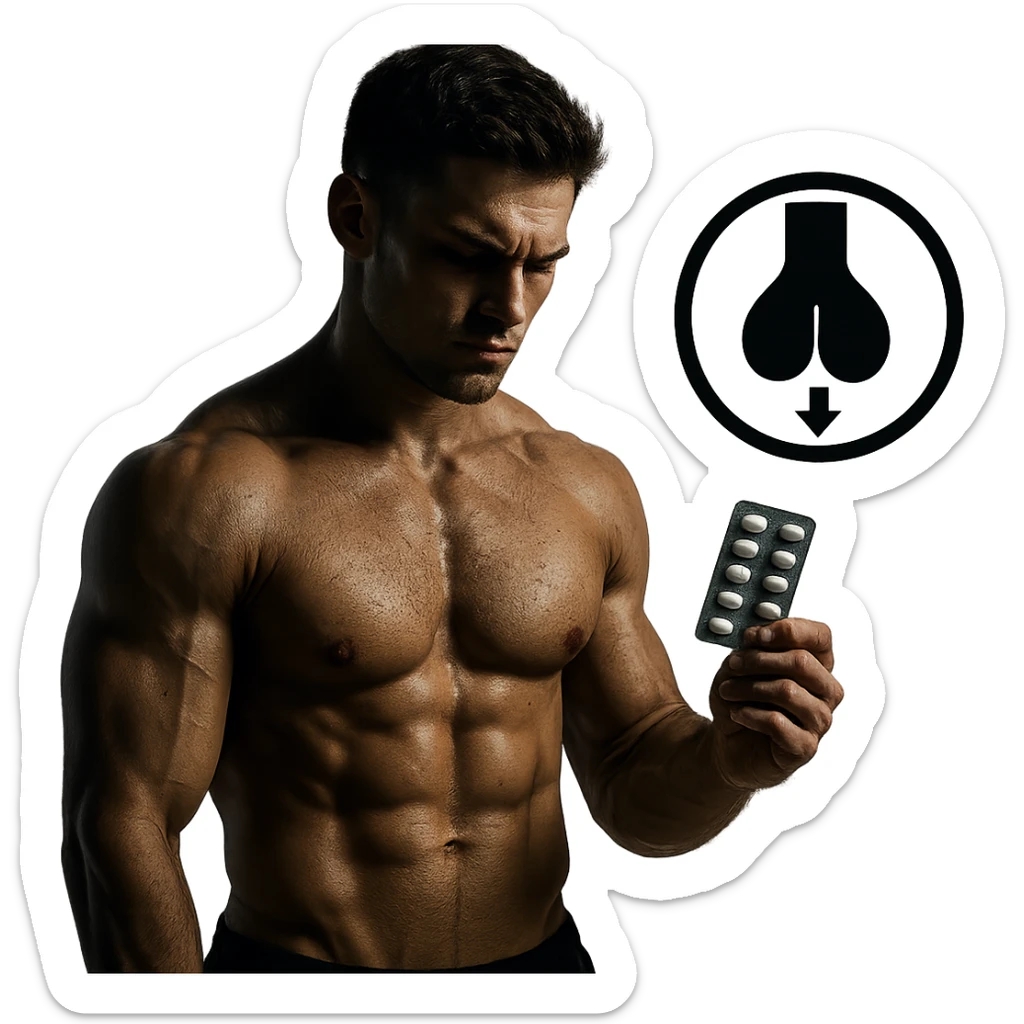 muscular young man with blister pack of pills and symbol of shrunken testicles highlighted, dark atmosphere, hyper realistic details, isolated on white background sticker