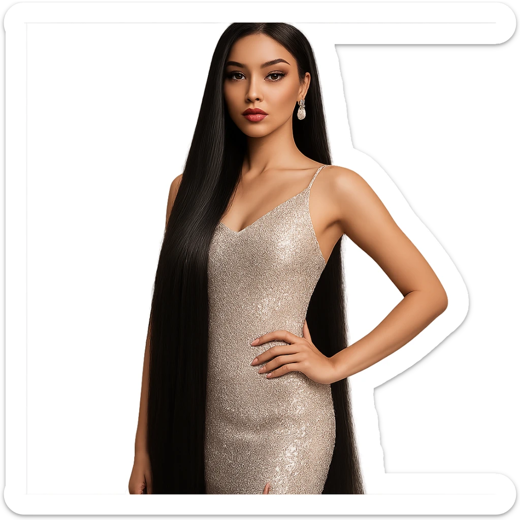 Glamorous South East Asian woman with floor-length straight black hair, pageant style sticker