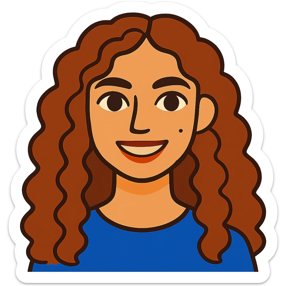 vibrant illustration of a girl with long curly brown hair (not too dark), intense dark brown eyes, clear skin (neither pale nor tan), mole on right cheek, smiling sticker