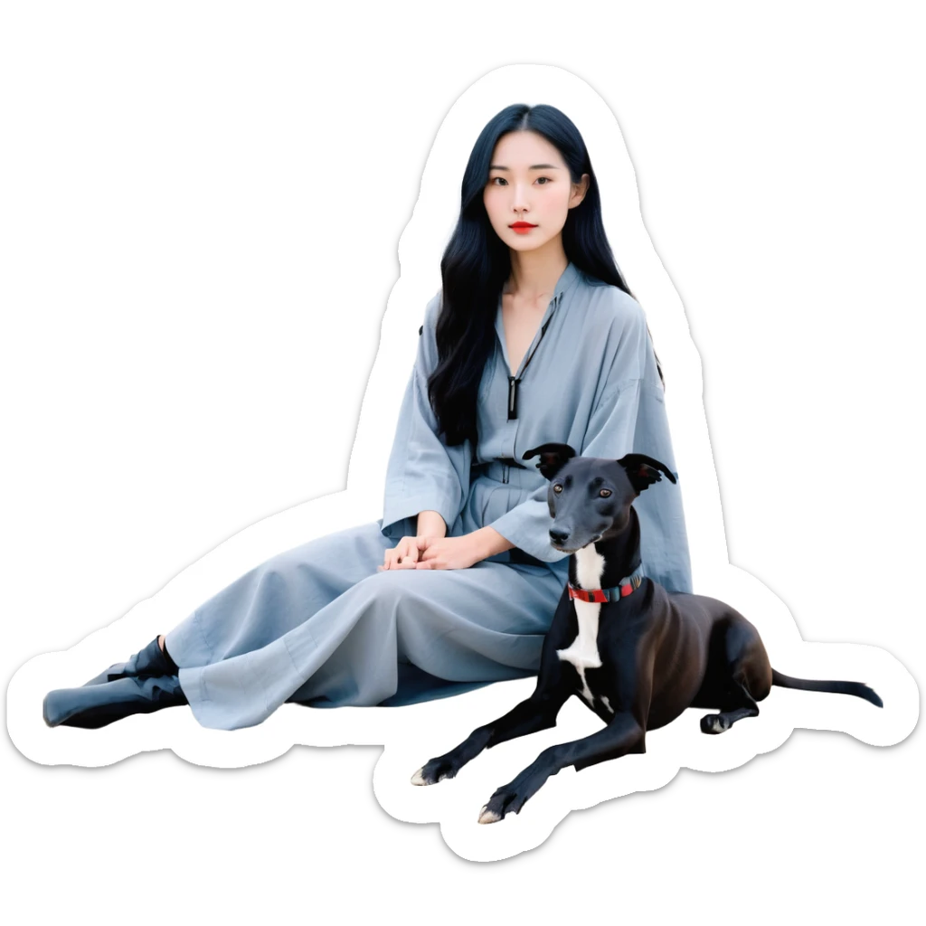 A very beautiful and attractive 25-year-old Chinese woman with long flowing black hair and a SOLID DARK GREY whippet sitting together on a beach during a beautiful sunset. The whippet MUST be COMPLETELY SOLID DARK GREY with ABSOLUTELY NO WHITE MARKINGS ANYWHERE - no white chest, no white face, no white paws, no white tip on tail - ENTIRELY ONE SOLID DARK GREY COLOR throughout the entire dog. Orange and red sunset sky over the ocean, sandy beach in the foreground. sticker