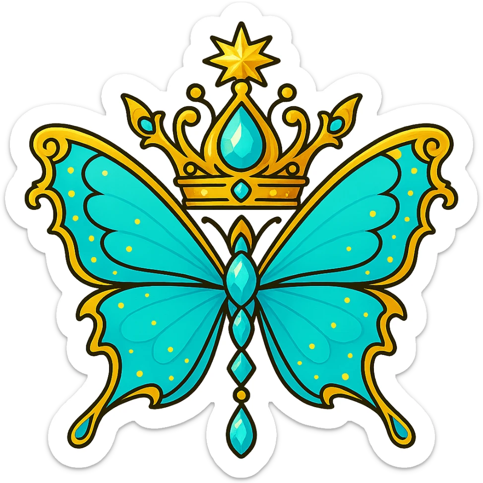 Change the butterfly and crown to a bright cyan color instead of blue, with gold details on the sides and crown exactly as in the original. The look should be vibrant, magical, and luxurious, with glowing cyan and gold tones. Output must be PNG with transparent background, suitable for a Discord role icon. sticker