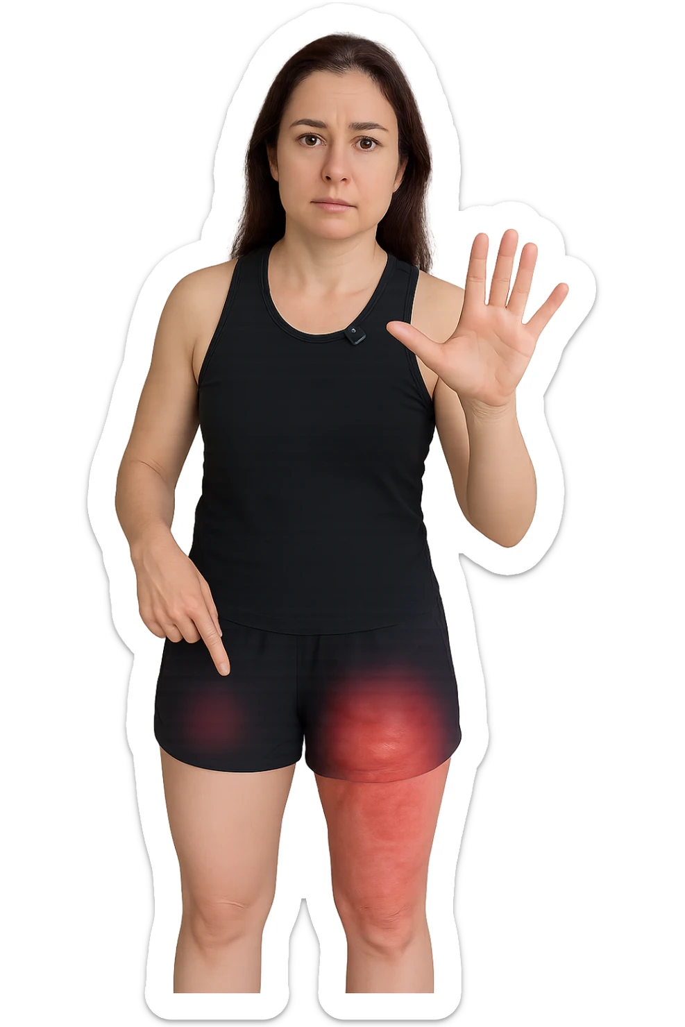 Donna con cellulite sulle cosce indica le cosce che sono infiammate di cellulite sticker