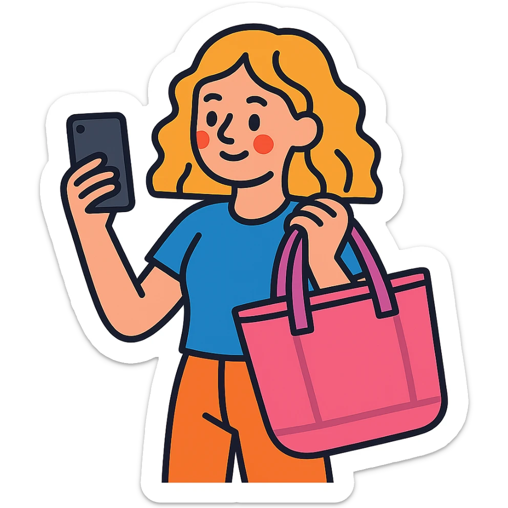 white girl with wavy hair holding her phone and a pink beach bag sticker