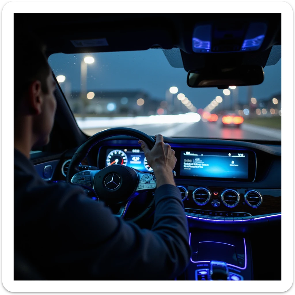 night point of view from driver's seat of 2025 Mercedes S-Class in parking lot, luxury interior, blue or purple ambient lighting, glowing dashboard, hand on Mercedes steering wheel, rainy windshield with water droplets, blurred outside, hyperrealistic, cinematic sticker