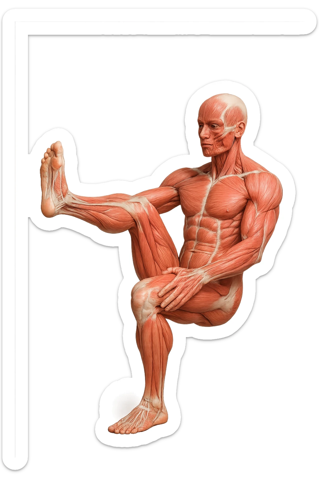 CORPO UMANO ANATOMICO REALISTICO CHE FA UN ESERCIZIO DI MOBILITà ARTICOLARE ALLE GAMBE, IPERREALISTICO 4K sticker