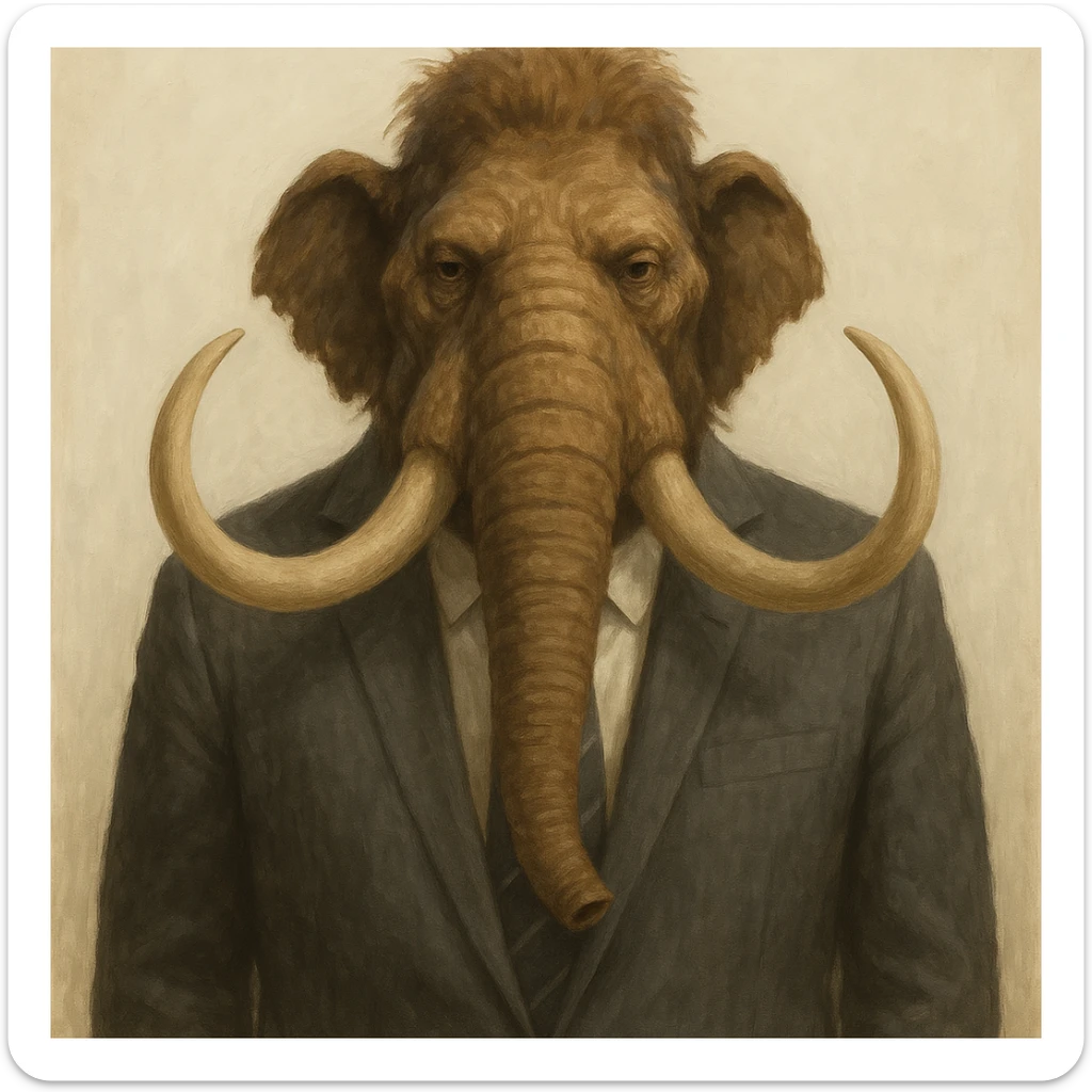 mamut con traje de oficina y corbata, apariencia seria, fondo claro sticker