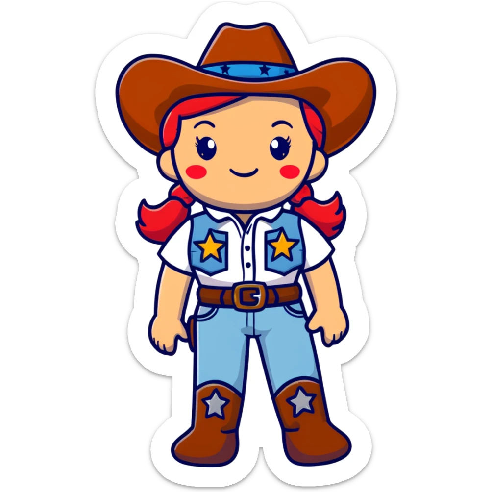 A cartoon stuffed cowgirl toy with freckles, red hair and a star-shaped badge sticker