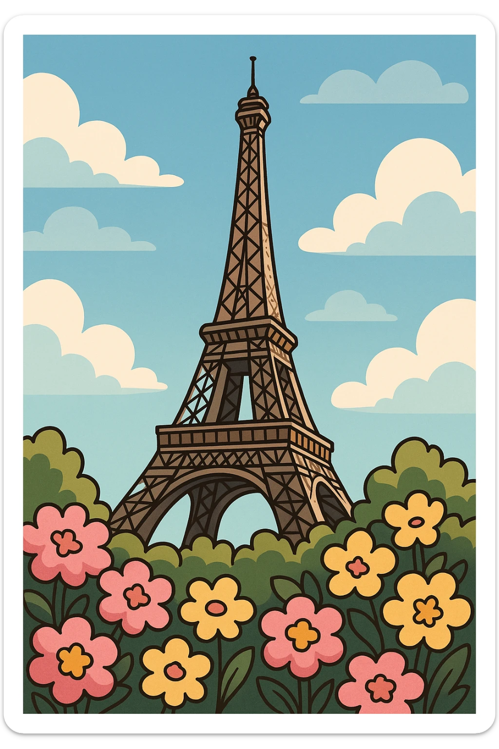 whimsical cartoon style of the Eiffel Tower with lush bushes of pink and yellow flowers at the base sticker